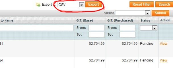 Magento. "Export to" section