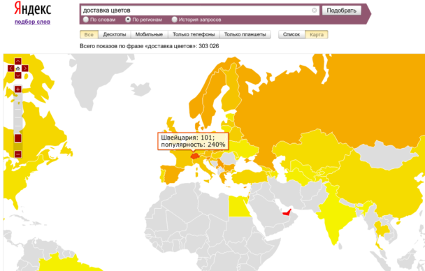 Яндекс.Wordstat - Региональность запроса на карте мира