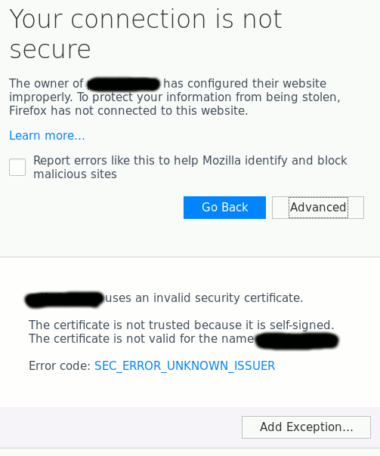 HTTPS: Your connection is not secure, Advanced panel