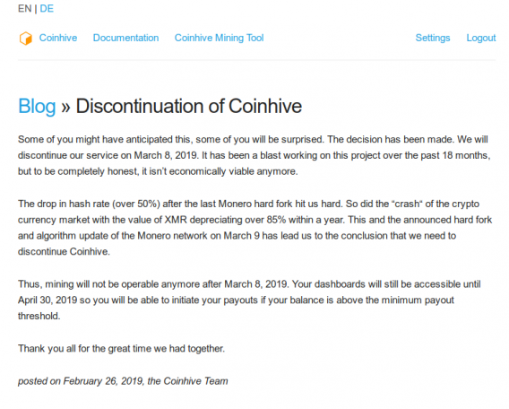 Официальное заявление о закрытии Coinhive